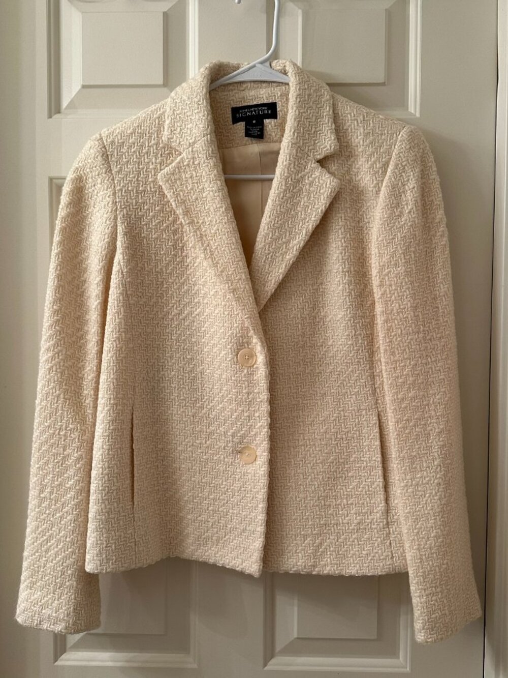Jones New York Cream Tweed Wool Blend Blazer Jacket Textured Button Front Size 8